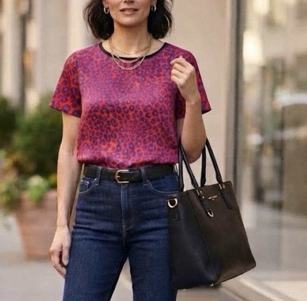 Diane von Furstenberg Blouse 14 Leopard Print Red/Blue Short Sleeve